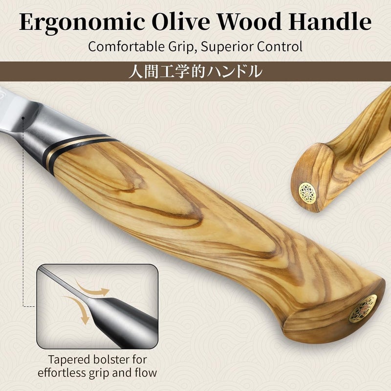 Tivoli Damascus Kitchen Knife Set,3 PCS Japanese Chef Knife Set,VG-10 Damascus Santoku Paring Knife with Olive Wood Handle,Ideal Gift - Image 3